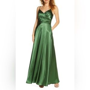 Morgan & Co. Pleated Surplice Satin Gown